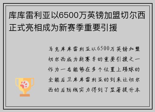 库库雷利亚以6500万英镑加盟切尔西正式亮相成为新赛季重要引援
