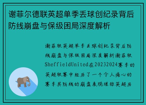 谢菲尔德联英超单季丢球创纪录背后防线崩盘与保级困局深度解析